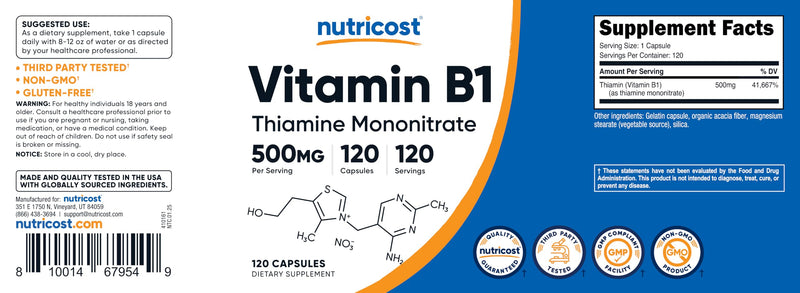 [Australia] - Nutricost Vitamin B1 (Thiamine) 500mg, 120 Capsules 120 Count (Pack of 1) 