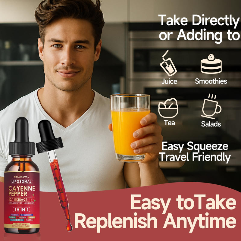 [Australia] - 15 in1 Liposomal Cayenne Pepper Liquid Drops Supplement, with Vitamin D3 K2, Hawthorn, Berberine HCL, Beet Root, Turmeric, Cinnamon, Digestion, Circulatory Heath Support- 2 Fl Oz for 30 Days 2 Fl Oz (Pack of 1) 