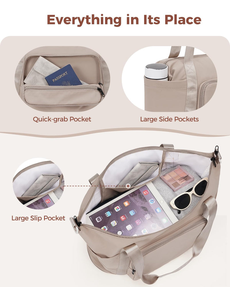WANDF Foldable Expandable Personal Item Travel Bag for Women Carry On | 18x14x8 inches, Frontier Airline Underseat Fit, Weekend Getaways Khaki