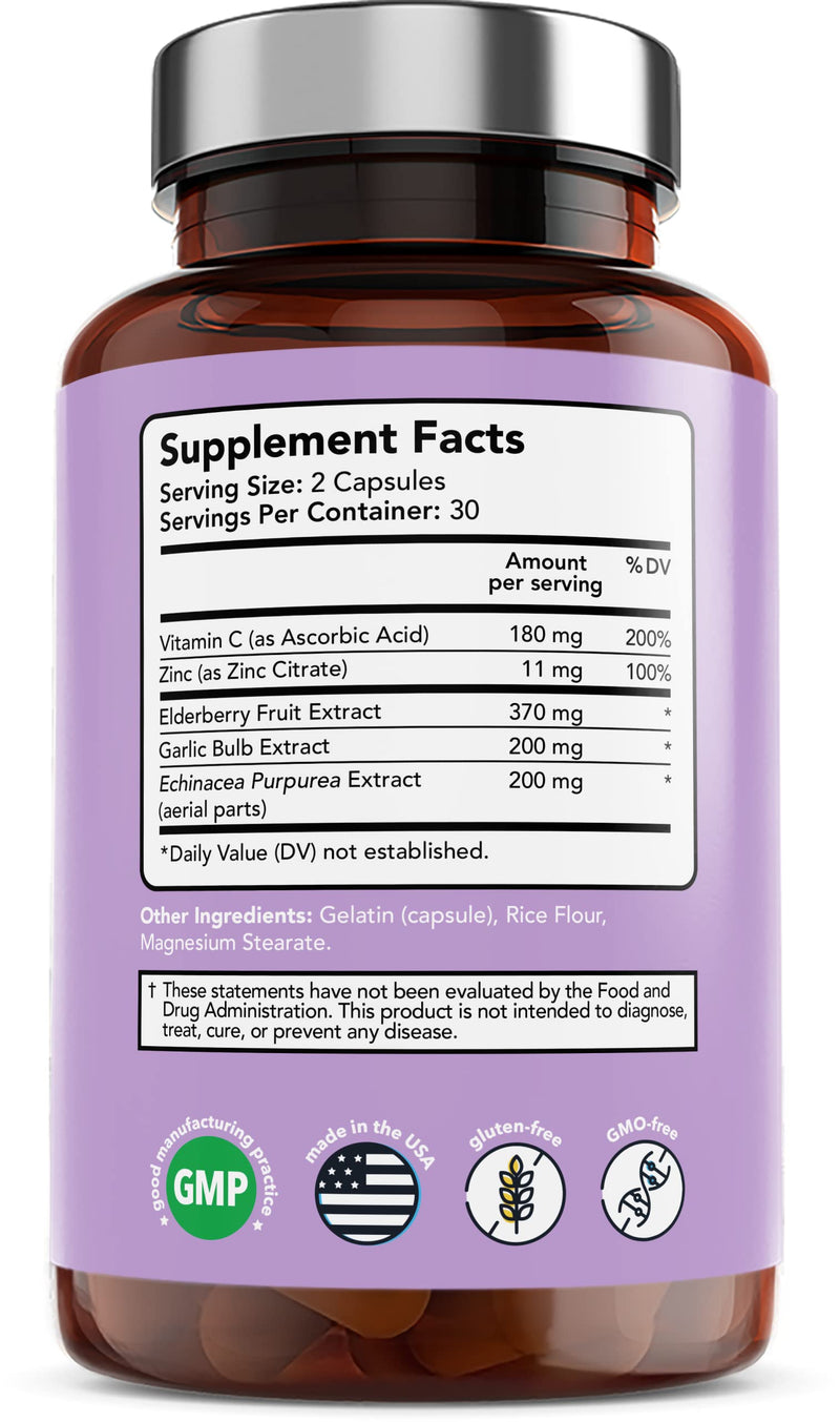 Vitamin Bounty Elderberry Immune Support - with Zinc, Vitamin C & Echinacea, Advanced 5-in-1 Blend, Powerful Antioxidant, Supports Whole Body Balance, Non-GMO - 60 Capsules, 2 Pack 60 Count (Pack of 2)