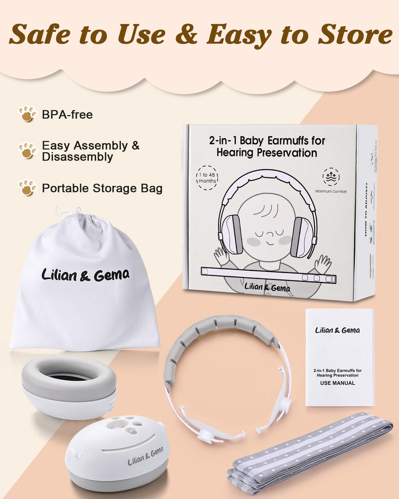[Australia] - Lilian&Gema 2-in-1 Baby Ear Muffs Noise Protection, Adjustable Baby Headphones with Stretchy Band, Noise Cancelling Headphones for Baby & Toddler up to 4 Years, Baby Airplane Essentials/Outdoor, White 