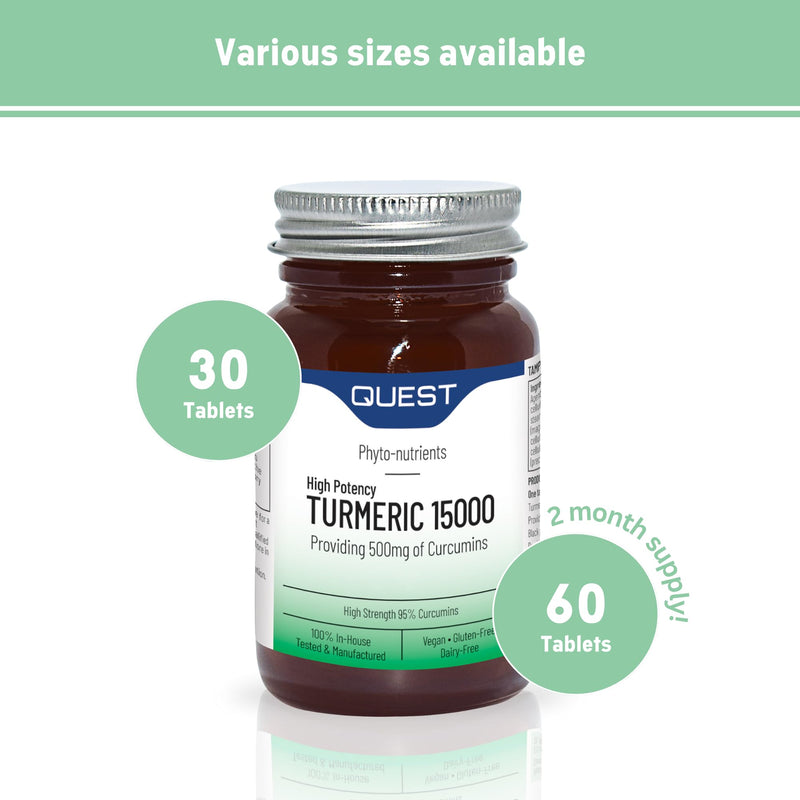 Quest - 30x Turmeric 15000 High Strength Turmeric and Black Pepper Tablets Quick Absorption Natural Joint Care Supplements Providing Total of 500mg of Curcumins. Vegan & Free from Gluten (1 Pack) Unflavoured 30 count (Pack of 1)