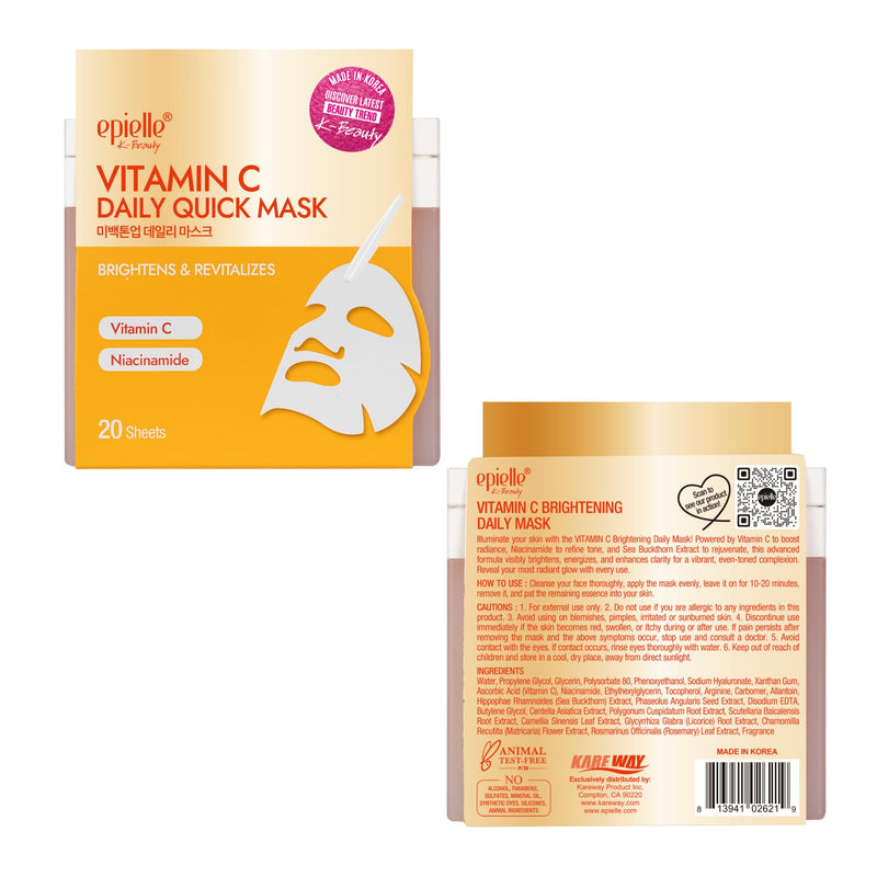 Epielle Vitamin C Korean Face Masks 20 Pack - Brightening Sheet Masks with Niacinamide for Dark Spots & Glowing Skin, Stocking Stuffers for Women