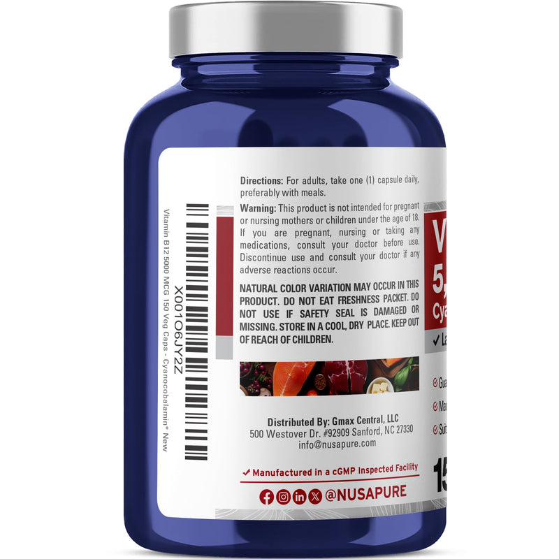 Vitamin B12, Max Strength, Non-GMO, Vegan, 5000mcg, 150 Caps - 150 Servings | Dietary Supplement Formula, Max Strength Cyanocobalamin, Suitable for Adults, Manufactured in cGMP Registered Facility USA