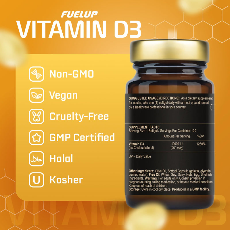 Vitamin D3 10000 IU, 120 Softgels – 4 Months Supply – High Strength Vitamin D Supplement – Daily Intake – Allergen Free – Gluten Free – for Adults – Easy to Swallow