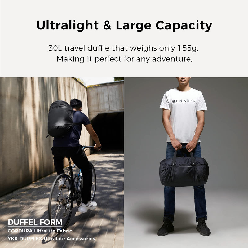 Bee Nesting 30L Ultralight Packable Duffel Bag - 2-in-1 Convertible Crossbody Pouch, Waterproof Cordura Travel Gym Bag with YKK Zippers & Reflective Trim for Men Women, Black (Black, 30L)