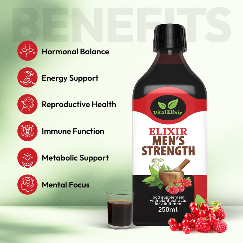 Elixir Men’s Strength Herbal Supplement with Tribulus Terrestris, Maca Root, Zinc & Vitamin C for Energy & Vitality, Mens Health Supplements with Guarana, Vegan, Gluten-Free - 250ml
