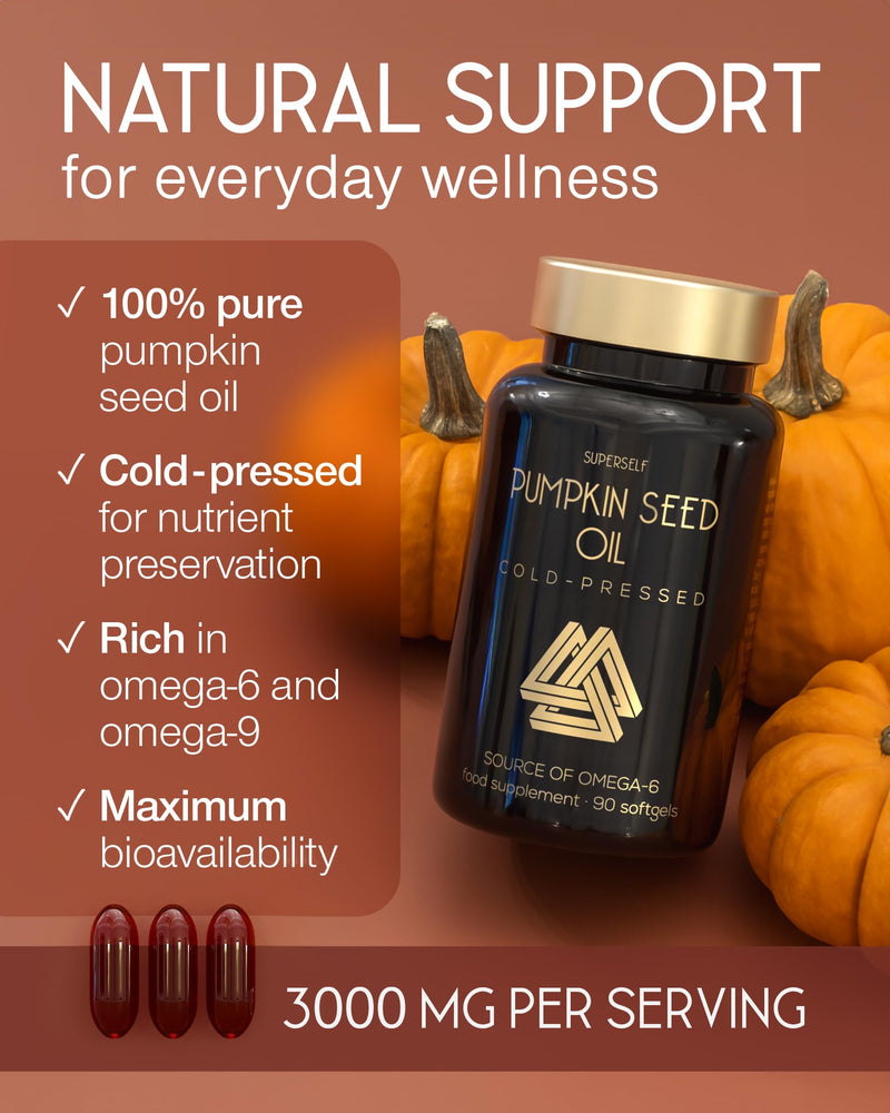 Pumpkin Seed Oil Capsules 3000mg – Cold Pressed Pumpkin Seed Oil for Hair Growth & Bladder Support – 100% Pure, No Additives – High in Omega 6 & 9 - UK Made Supplement - 90 Softgels Easy to Swallow 90 count (Pack of 1)