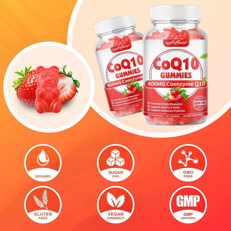 softbear CoQ10 Gummies 400mg Coenzyme Q10 Supplement for Adults, High Absorption coq10 Plus Omega-3, Magnesium, Vitamin B3 & Zinc for Cellular Energy & Antioxidant, Strawberry Flavor 120 Count 60 Count (Pack of 2)