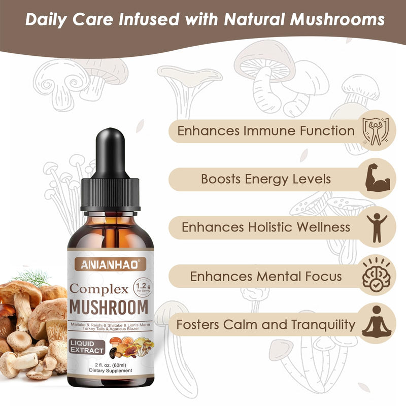Mushroom Complex 6 1200mg | Mushroom Supplement with Lions Mane, Reishi, Agaricus, Shiitake, Turkey Tails & Maitake | High Strength for Immune, Brain, Focus & Energy | 100% Vegan 60ml