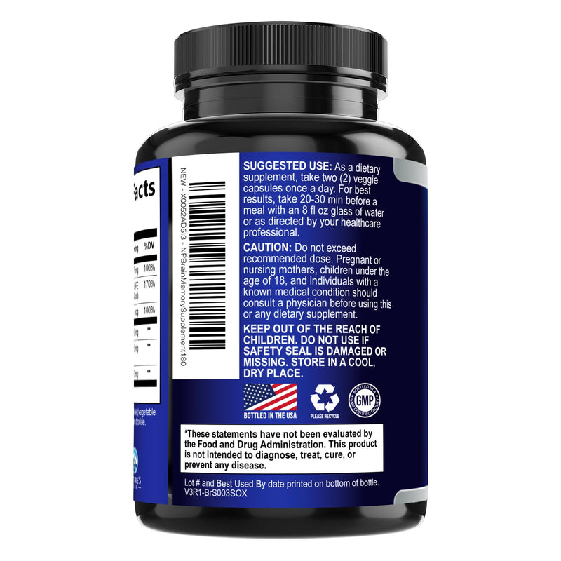 Brain Memory Supplement Pills - 3X Strength Nootropics for Concentration, Clarity & Focus Support - Brain Health Cognitive Vitamins B6 B12 with Folate & Phosphatidylserine, Brain Booster, 180 Capsules 180 Count (Pack of 1)