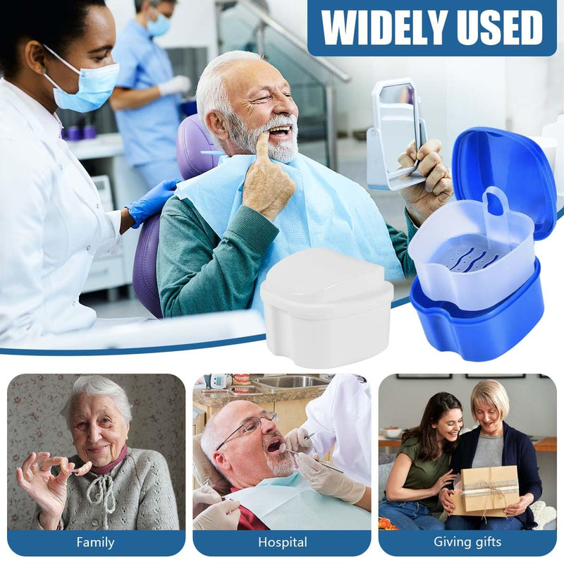 3 Pack Colors Denture Bath Case Cup Box Holder Storage Soak Container with Strainer Basket for Travel Cleaning (White, Blue, Light Blue) White, Blue, Light Blue