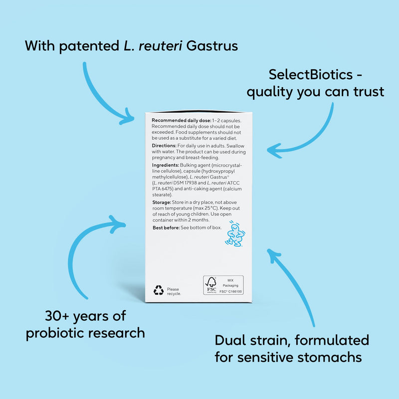 BioGaia Gastrus Pure Probiotics for Gut Health | Dual Strain Patented L. reuteri | Certified FODMAP Friendly for Sensitive Stomachs | No Artificial Sweenters | 60 Capsules