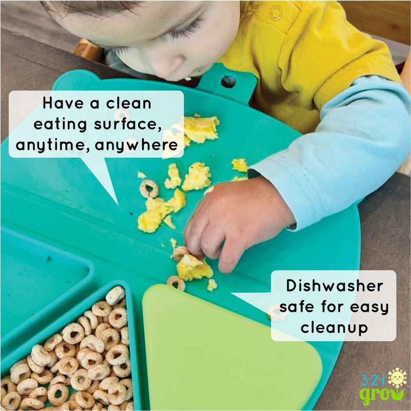 [Australia] - Silicone On-The-Go Snack Mat ‚Äì Foldable Reusable Placemat with 3 Compartments and Lids ‚Äì Travel-Friendly Baby and Toddler Snack Plate ‚Äì Dishwasher Safe (Aqua) Aqua 