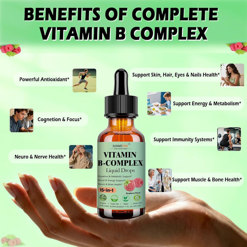 2 Pack Vitamin B Complex Liquid Drops for Women Men & Kids, 15-in-1 VIT B Complex with Vitamin C B12 B6 B1 Niacin Folate Magnesium for Brain Nerve Neuropathy Energy Mood, Sublingual B-Complex Drops Raspberry 1 Fl Oz (Pack of 2)