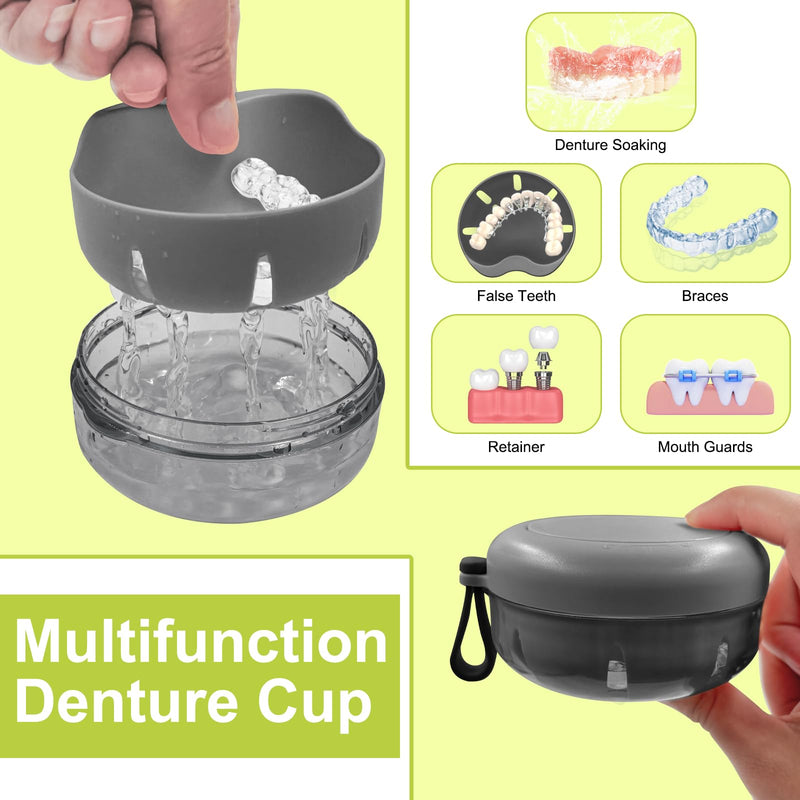 [Australia] - Denture Bath Case - False Teeth Container with Mirror, No-Leaking Retainer Cleaning Box, Travel Denture Holder Cup for Soaking Full & Partial Dentures, Mouth Guards, Braces, Aligners Black 