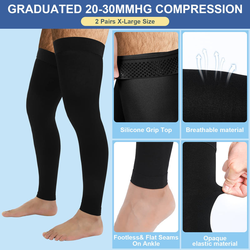 [Australia] - Zhanmai 2 Pairs Men's Thigh High Compression Stockings Footless 20-30 mmHg Compression Leg Sleeves Thigh High Graded Compression with Silicone Band for Men Sport Running Edema Swelling Black XL 