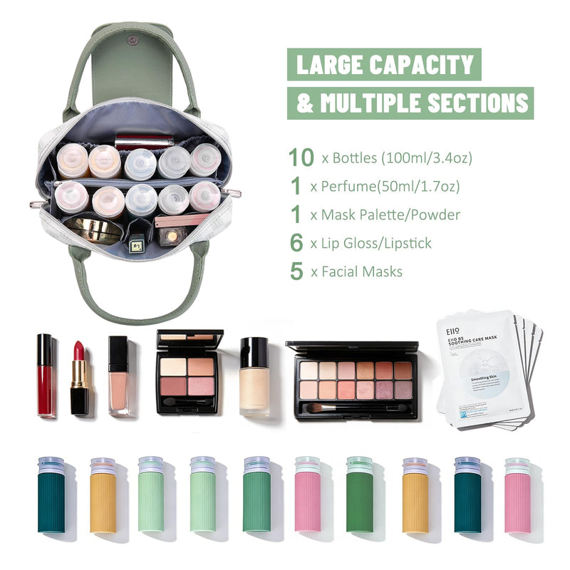 BOYATU Checkered Makeup Bag Organizer with Handle: Large Travel Cosmetic Bag Holds 10+ 100ml Full-Size Bottles for Date & Trip - Waterproof Leather Toiletry Pouch 3-sec Touch-up for Chic Woman(Green) A-3-Green