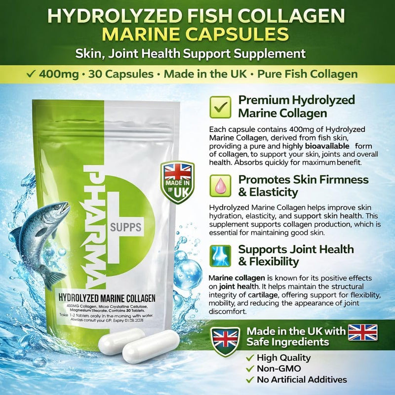 Hydrolyzed Fish Collagen Marine Capsules – Skin, Joint Health Support Supplement – 400mg, 30 Capsules – Pure Fish Collagen for Healthy Skin, Hair, Nails, and Joints – Made in UK
