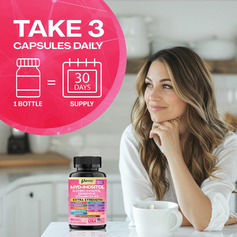 Myo-Inositol Supplement, 15-in-1 D-Chiro & Folate, 90 Vegan Capsules | D-Chiro Inositol, Folate, DIM, Vitamins D3, B12, K2, Chromium, Cinnamon, Zinc, Ashwagandha, Chasteberry 90 Count (Pack of 1)