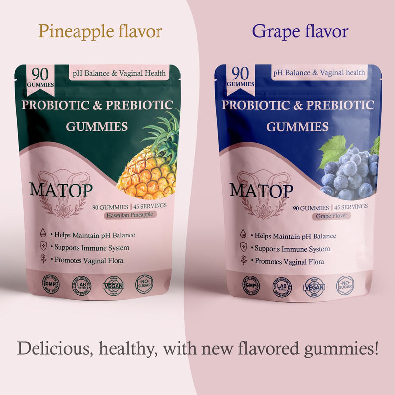 MATOP Probiotic Prebiotic pH Balance Gummies - Vaginal Health Gummies for Women Pro + Prebiotic with Pineapple Flavor, Vegan, Sugar-Free – 90 Gummies (45 Servings) 90 Count (Pack of 1)