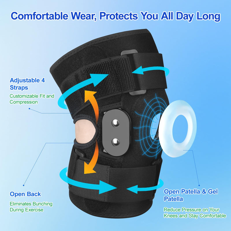 CHIYAN Hinged Knee Brace for Women Men, Open Patella Design with Dual Metal Side Stabilizers, Knee Immobilizer Support for Joint Pain Relief, Arthritis, Meniscus Tear, ACL, PCL, MCL Black Large