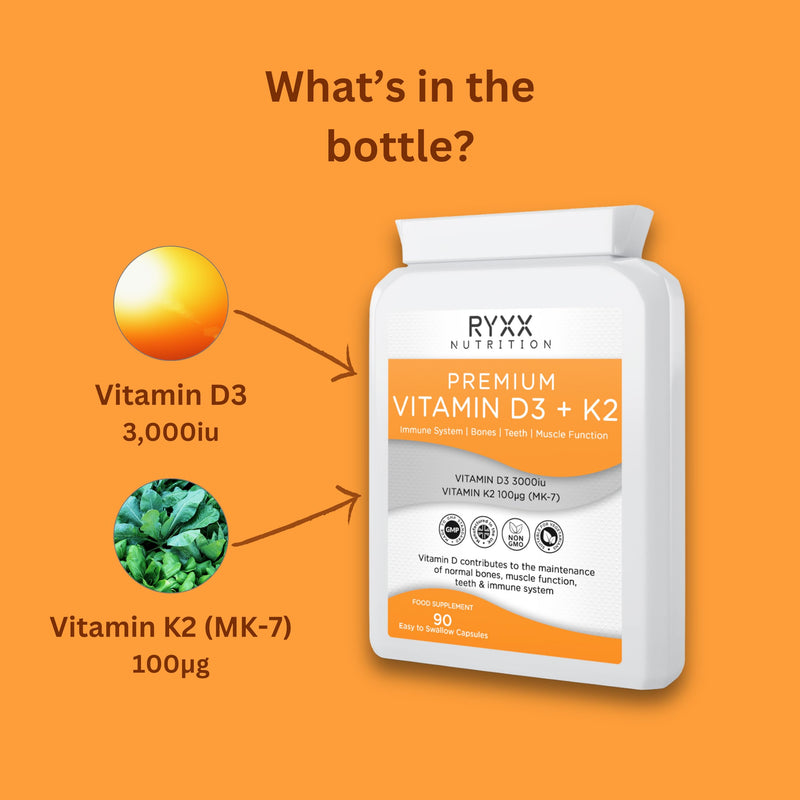 Vitamin D3 3000iu & K2 100µg (MK7) | High Strength Vitamin D3 + K2 Supplement | 90 Vegetarian Capsules | Made in the UK by RYXX