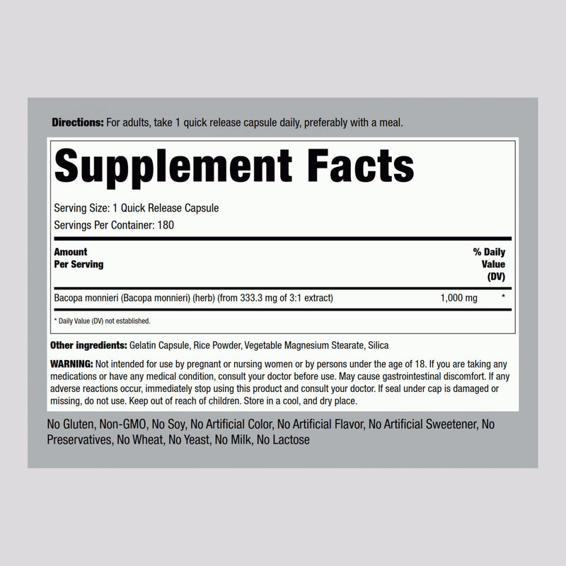 [Australia] - Piping Rock Bacopa Monnieri Supplement 1000mg | 180 Capsules | Herbal Extract |Non-GMO & Gluten Free 