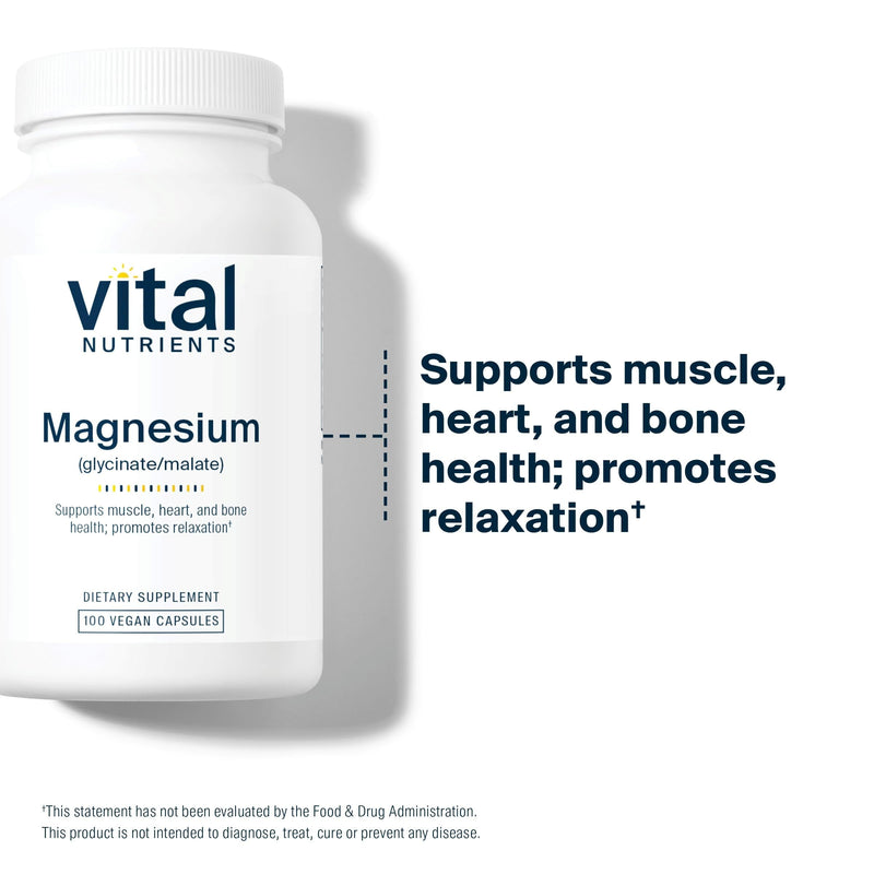[Australia] - Vital Nutrients Magnesium Glycinate + Malate | 120mg Vegan Magnesium Supplement for Women and Men | Muscle, Heart, Bone Support* | Promotes Relaxation | Gluten, Dairy and Soy Free | 100 Capsules 100 Count (Pack of 1) 