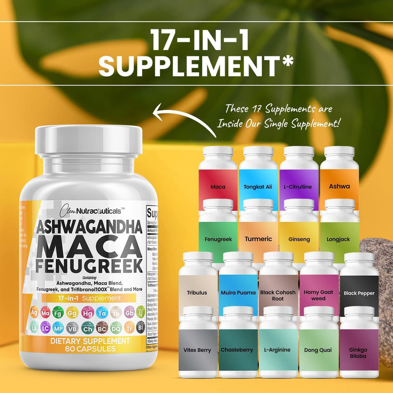 [Australia] - Ashwagandha 5000mg Maca Root 2000mg Fenugreek 3000mg Supplement with Tongkat Ali Ginseng - Assists with Stress, Mood & Thyroid Health - Ashwagandha Capsules Maca Pills Fenugreek Caps - 60 Count 