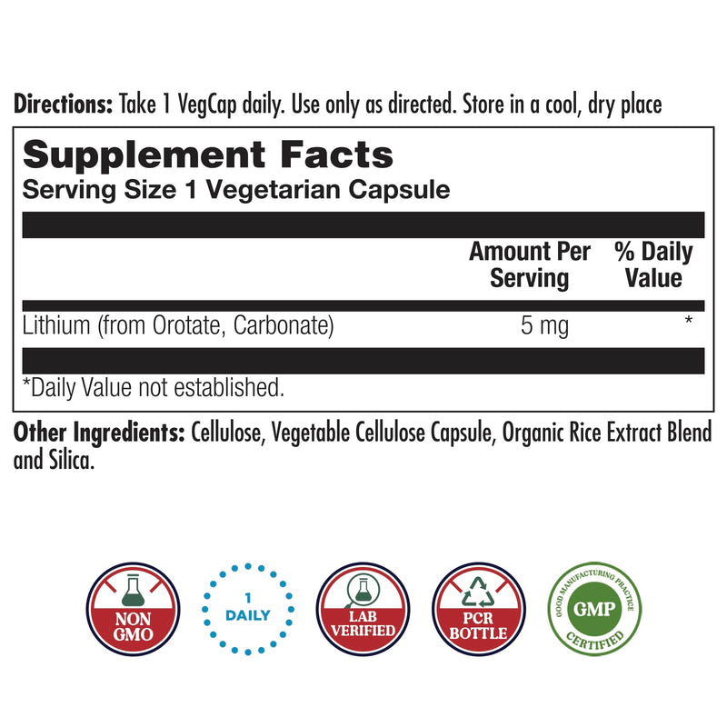 [Australia] - KAL Lithium Orotate 5mg, Low Dose Lithium Supplement for General Wellness Mood Support, Highly Bioavailable, Vegan, 60-Day Guarantee, 180 Servings, 180 VegCaps 180 Count (Pack of 1) 