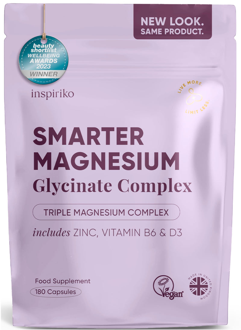Inspiriko 3-in-1 Magnesium Supplements for Women - Triple Magnesium Complex (Glycinate, Citrate, Malate) with Zinc, B6 & D3-1600mg per Serving, 180 Capsules (3 Months Supply) 180 count (Pack of 1)
