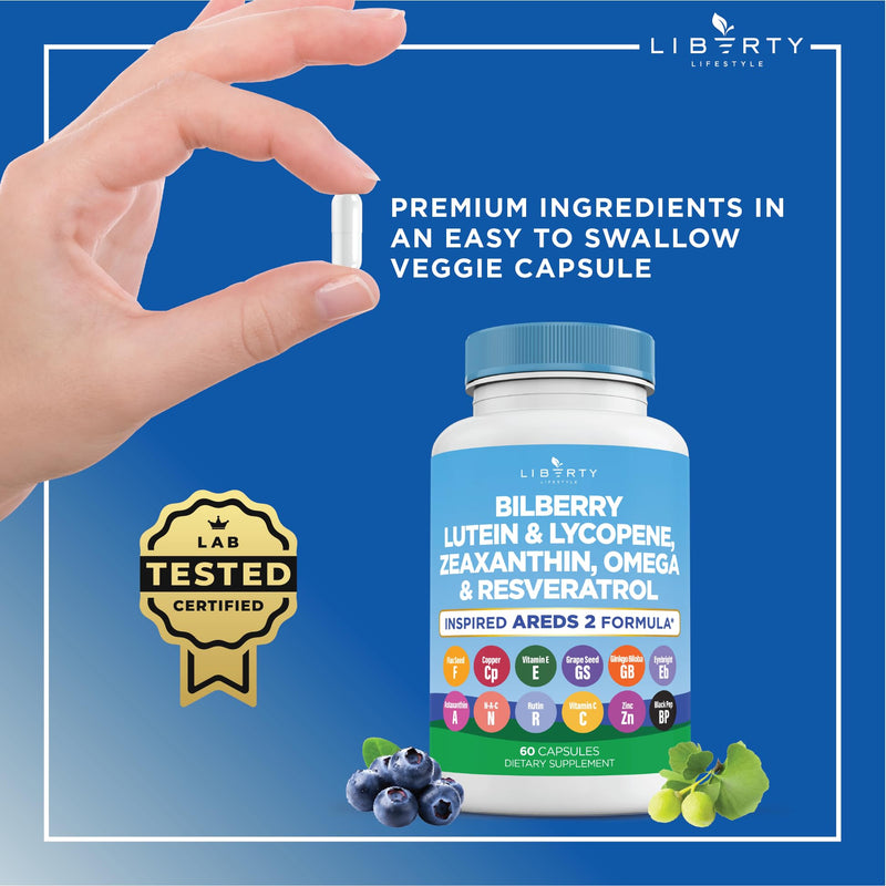 Liberty Lifestyle Eye Health Vitamins with Bilberry, Lutein & Zeaxanthin, Lycopene, Resveratrol, Grape Seed Extract, Flaxseed Astaxanthin- AREDS 2-120 Capsules 60 Count (Pack of 2)
