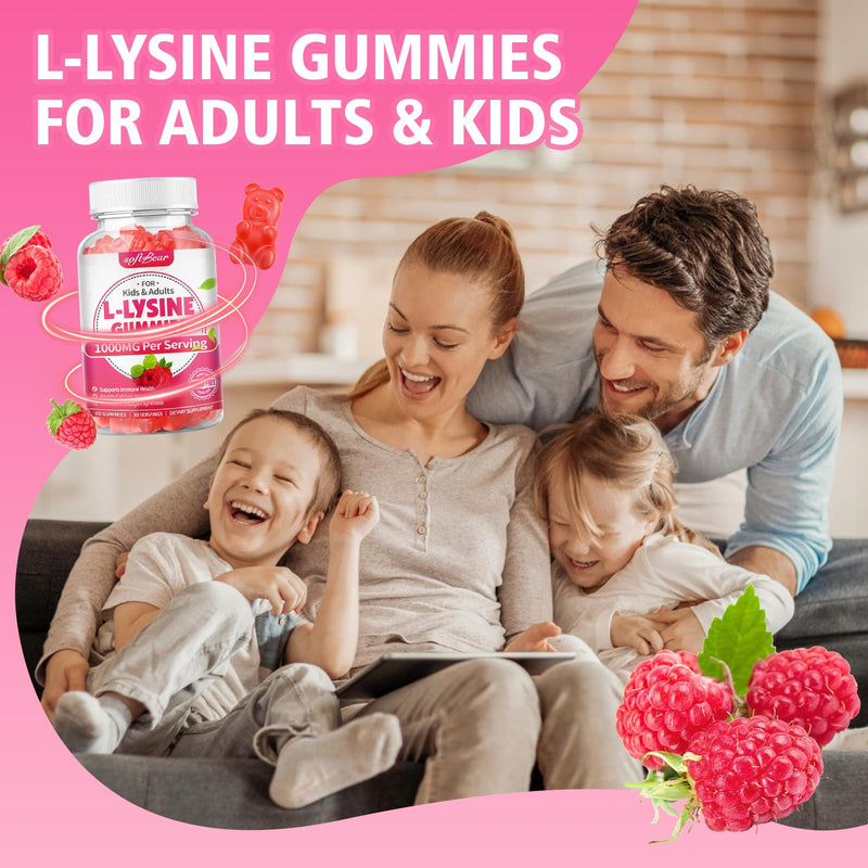 softbear L-Lysine Gummies for Adults & Kids, L Lysine 1000mg Chewable Lysine Supplement for Lips & Oral Health, Immune & Collagen Support, Vegan, Non GMO, Gluten-Free, Raspberry Flavor 120 Count 60 Count (Pack of 2)