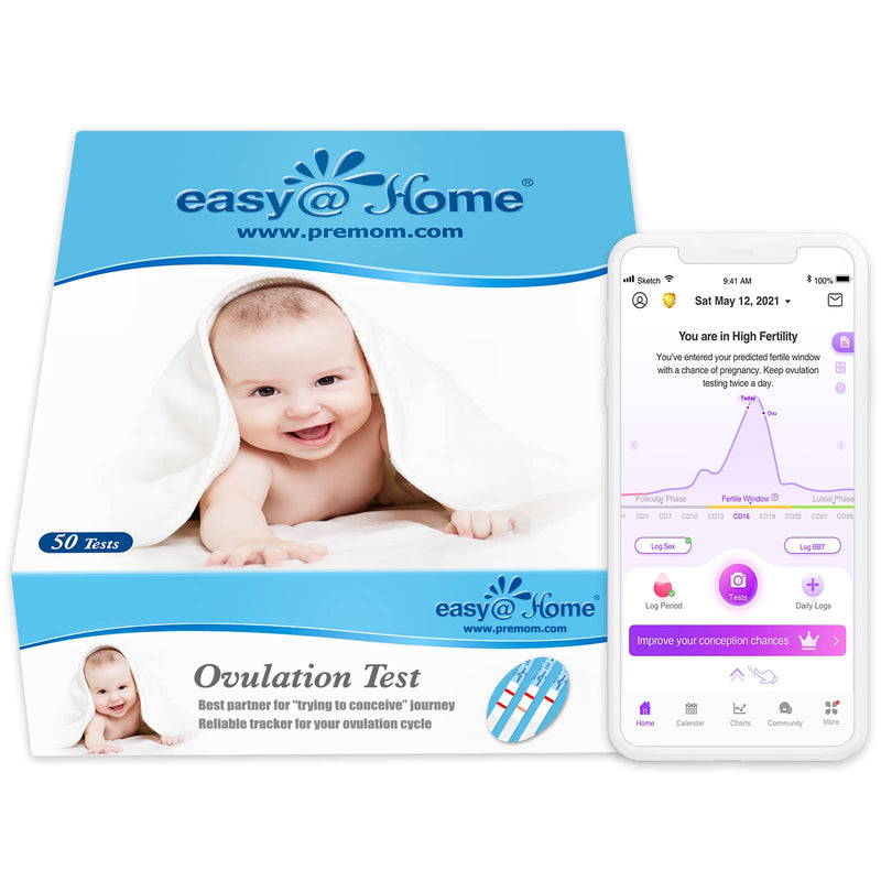 Easy@Home Ovulation Test Strips, 50-Pack, Fertility Test Kit | FSA Eligible, Ovulation Predictor Kit, Powered by Premom Ovulation Calculator iOS and Android APP, 50 LH Tests