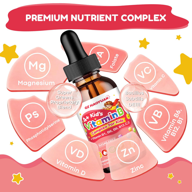 Vitamin B Complex for Kids with B1, B6, B9, B12 & Magnesium, Super Greens, Kids B Complex Supplement for Brain Support, Energy & Focus, Digestive Gut & Immune Support, Strawberry Flavor, 2 fl oz