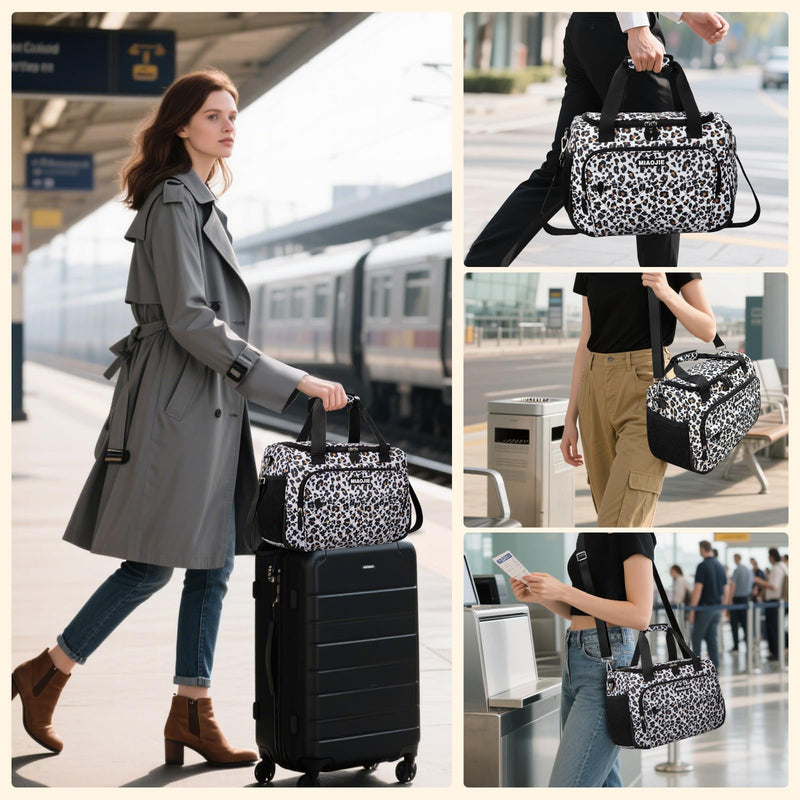 Travel Duffle Bag for Women, Underseat Carry On luggage Bag Foldable Overnight Weekender Hospital Bag Lightweight Airplanes Personal Item Travel Tote Bag for Women Birthday Gifts, 16IN Leopard Print