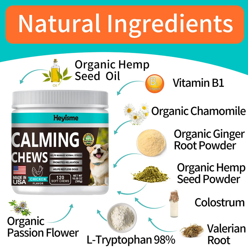 Calming Chews for Dogs, Dog Calming Treats with Hemp, Valerian Root, Organic Chamomile, Dog Anxiety Relief Aid with Thunder, Fireworks, Separation, Barking, Stress Relief (Chicken, 120 Chews) Chicken - PawsPlanet Australia