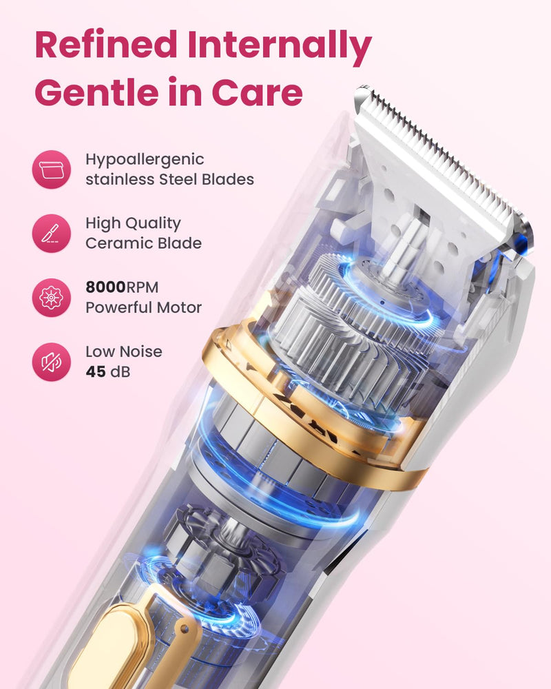 Bikini Trimmer for Women - 5 in 1 Electric Razors for Ladys Pubic Facial Nose Body Leg Hair Removal, Waterproof Electric Shaver for Women Private Area Sensitive Skin, Personal Hair Trimmer White