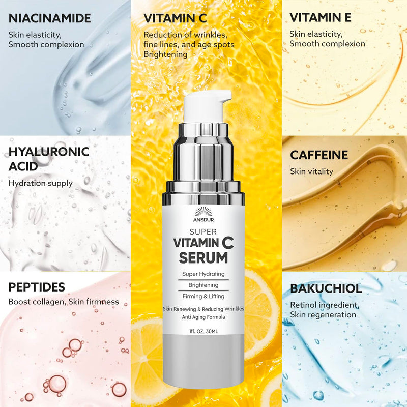 Super Vitamin C Serum for Women Over 70: Vitamin C Face Serum, Niacinamide, Bakuchiol, Hyaluronic Acid, Hydrating, Lifting, Reduces Aging Spots and Wrinkles - Korean Skin Care, 1 fl oz