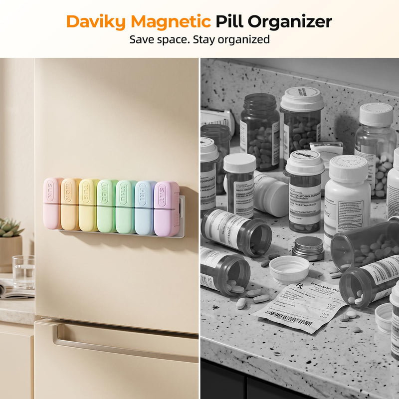 Magnetic Weekly Pill Organizer 2 Times a Day, Large AM PM Pill Box 7 Day | Travel Pill Case, Magnets and Stand, Removable Daily Medicine Container for Medication, Vitamin and Supplement, Macaron