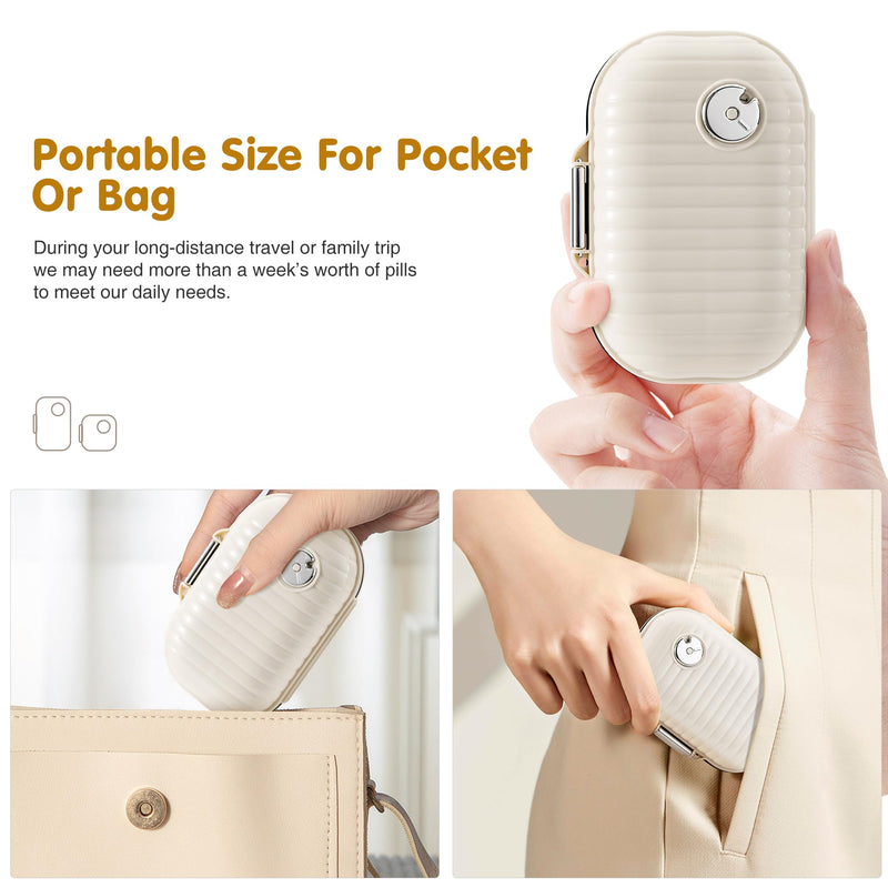 [2 Pack] Zannaki Pill Case Portable Small Weekly Travel Pill Organizer, Cute Moisture Proof Pill Box Holder for Purse, Daily Mini Pocket Pharmacy Medicine Container for Vitamin, Fish Oil, Supplement Beige/Large-2 Pack