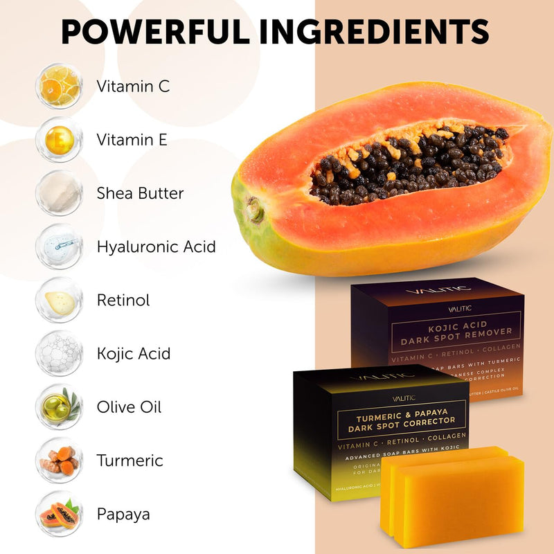 VALITIC Papaya and Turmeric Kojic Acid Soap Bar - Dark Spot Corrector Skin Care Cleansing Bar - Infused with Vitamin C, Hyaluronic Acid, Collagen - Papaya 2 Pack, Kojic 2 Pack 2 Pack + 2 Pack