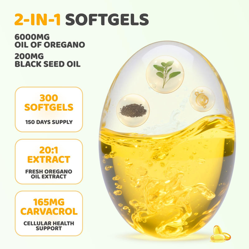 [Australia] - Oil of Oregano Capsules - Oregano Oil with Black Seed Oil, Contain Carvacrol & Thymoquinone, Digestive and Antioxidant Support, Smells Robust - Spicy and Subtly Bitter, 300 Softgels - 150 Days Supply 