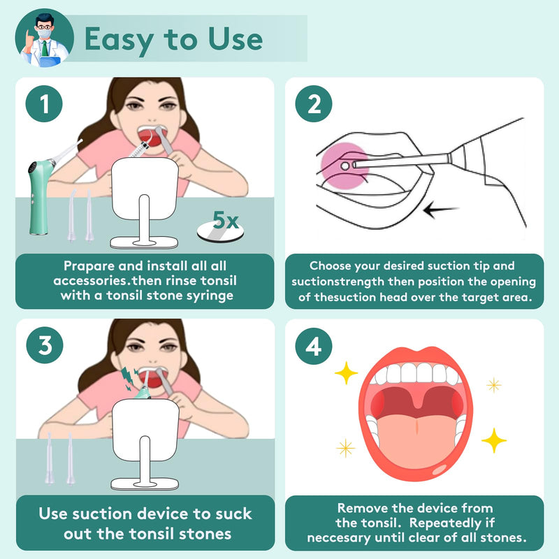 [Australia] - Electronic Vacuum Tonsil Stone Remover - Tonsil Stone Removal Kit with Built-in LED Light & 3 Suction Mode - Fight Bad Breath Oral Irrigator & 5X Magnifying Mirror for Tonsil Stone Removal - Green 