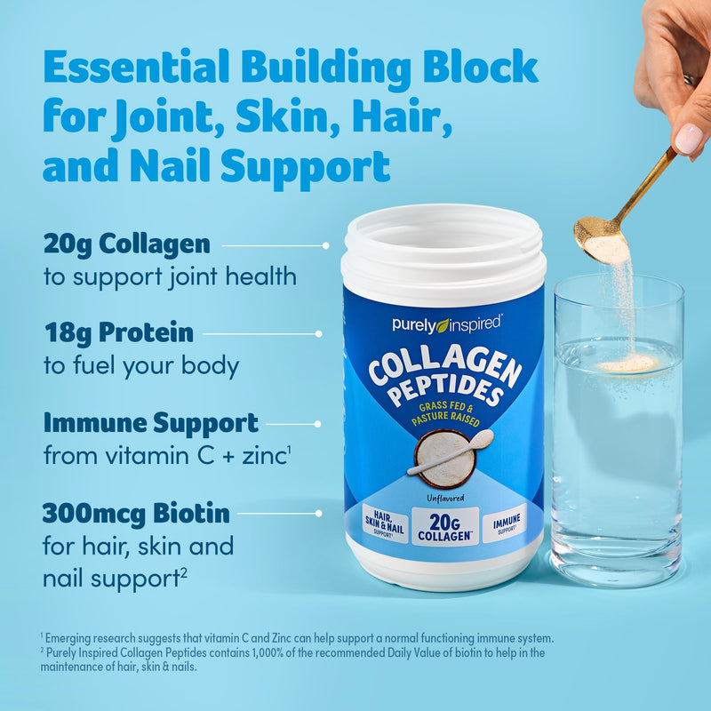 Purely Inspired Collagen Powder for Women & Men, Unflavored (20 Servings) | 20g Hydrolyzed Collagen Peptides Protein Powder - Grass-Fed & Pasture Raised Supports Hair, Nail, Skin, Bone, & Joint Health 14.46 Ounce (Pack of 1)