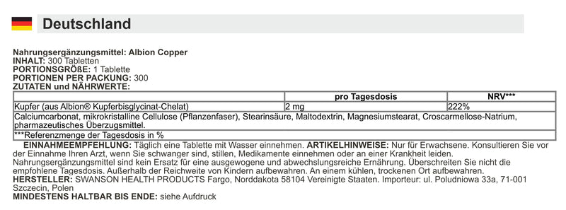 [Australia] - Swanson - Copper 2 mg | Bone and Immunity Support - 300 tablets 
