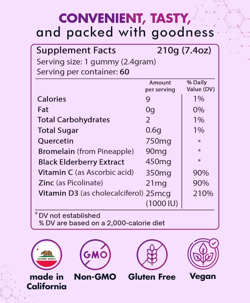 [Australia] - Quercetin Gummies by BioVitalica - Quercetin with Bromelain Vitamin C and Zinc & Elderberry + Vitamin D3-5 in 1 Immune Support - Zinc Quercetin 750 mg for Kids and Adults (1) 60 Count (Pack of 1) 