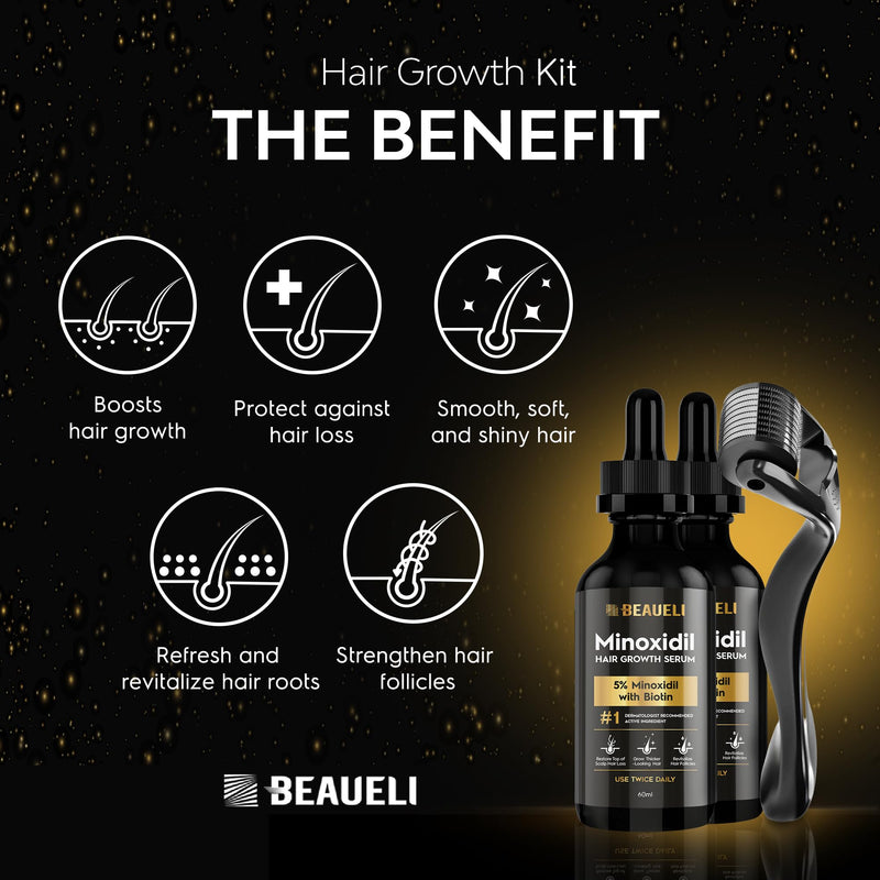 Beaueli Minoxidil Beard Growth Kit For Men and Women, Hair Loss and Hair Regrowth Treatments, Minoxidil 5%, Black 60ml 2 Bottles 2 Fl Oz (Pack of 2)