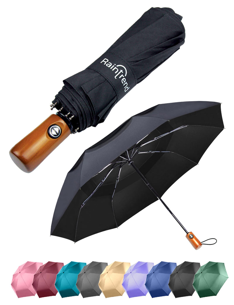 Raintrend 2 Pack Umbrellas for Rain Windproof Travel Black and Burgundy Umbrella - Large Double Canopy but Compact Folding Portable - Automatic Strong Wind Resistant Construction